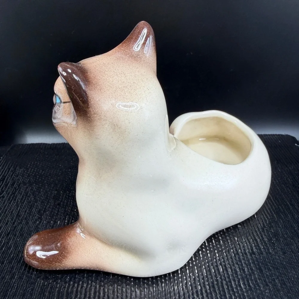 Vintage Siamese Cat Ceramic Planter Blue Eyes Mid Century Modern Figurine 9.5